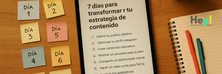 Imagen horizontal con tablet que muestra el plan de 7 días para transformar tu estrategia de contenido en redes sociales, rodeada de notas adhesivas con los días numerados, íconos de Instagram, TikTok y YouTube, cuaderno y taza de café sobre un escritorio de madera.